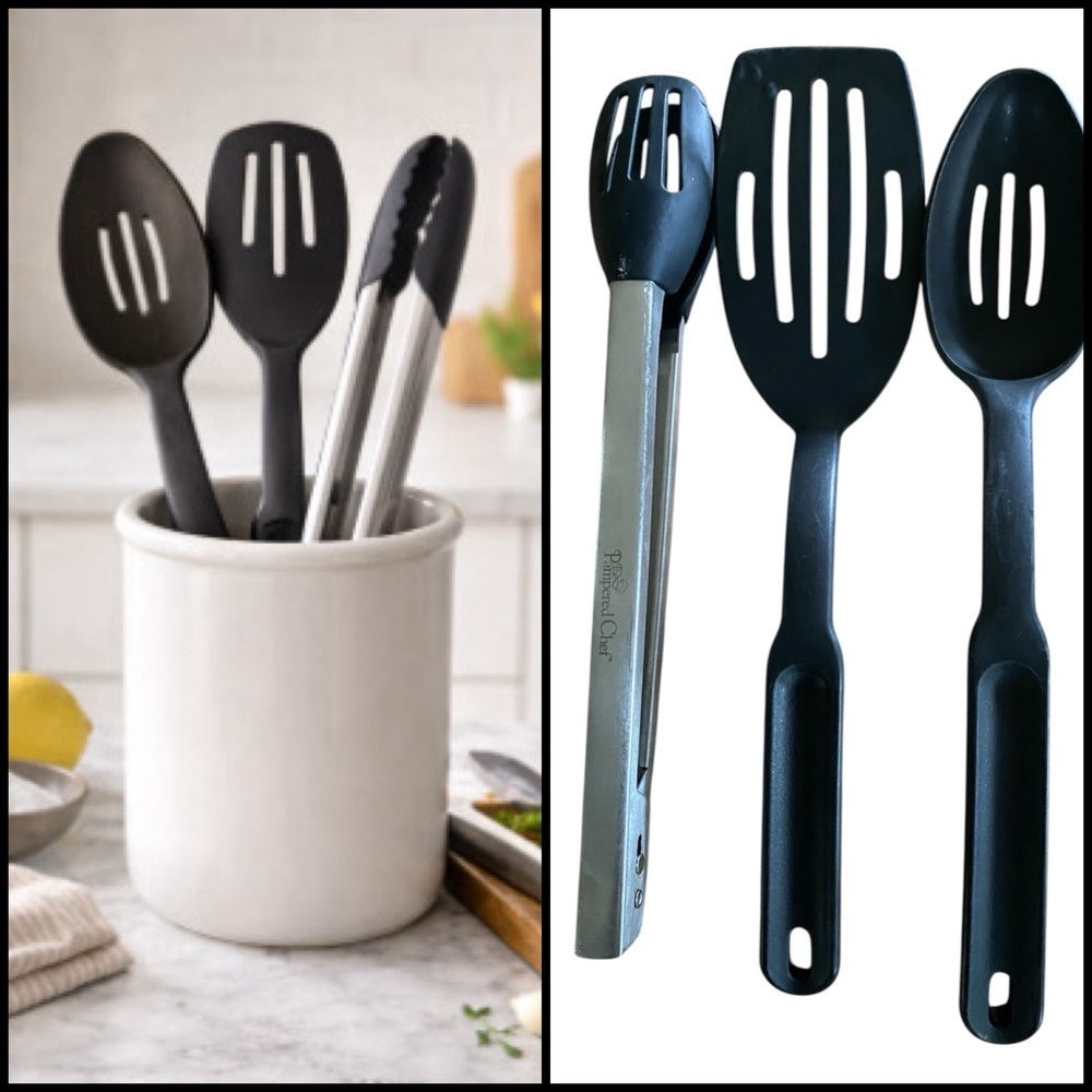 Pampered Chef Black Silicone 3 Kitchen Cooking Utensil Set Spoon Spatula Tongs